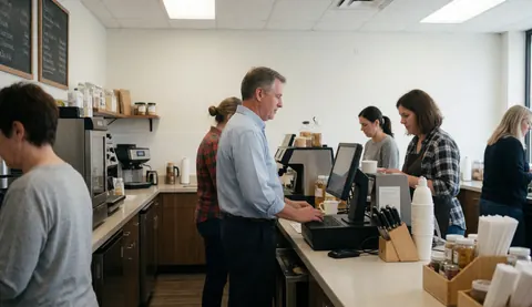 Le personnel sert des clients dans une cafétéria avec comptoir, ordinateur et ustensiles de café.