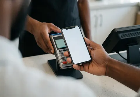 Un client utilise son smartphone pour payer en caisse tandis qu'un employé tient le terminal de paiement sans contact.