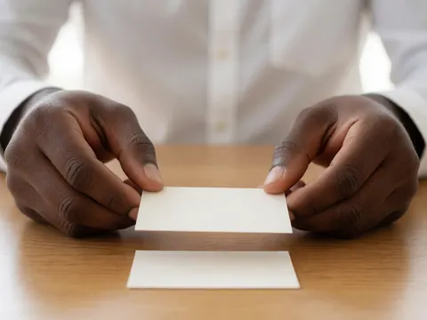 Des mains déposent délicatement plusieurs cartes de visite professionnelles sur une surface en bois clair, suggérant un échange ou une présentation commerciale.