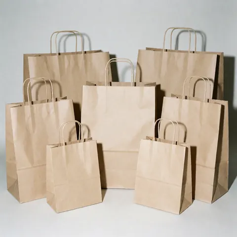 Plusieurs sacs en papier brun de tailles variées prêts à emballer des produits ou pour l'expédition.