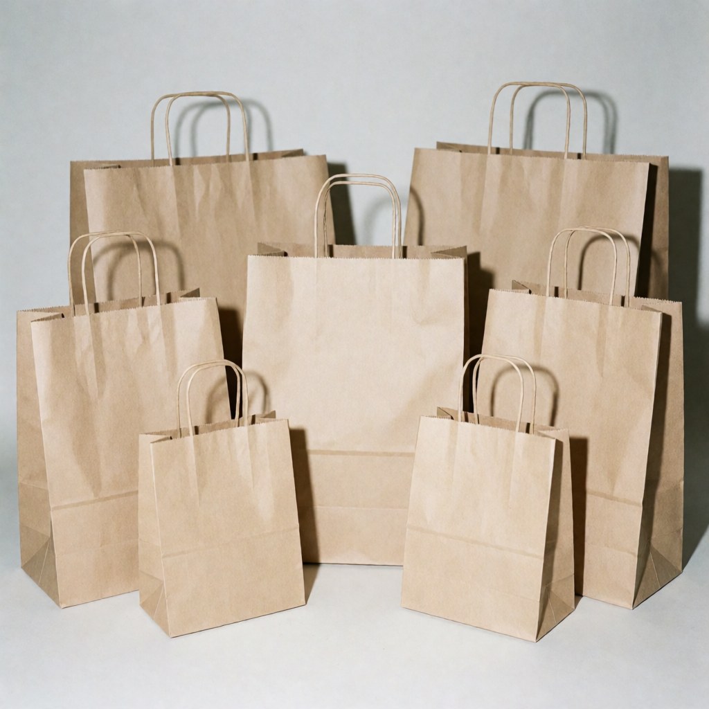Plusieurs sacs en papier brun de tailles variées prêts à emballer des produits ou pour l'expédition.