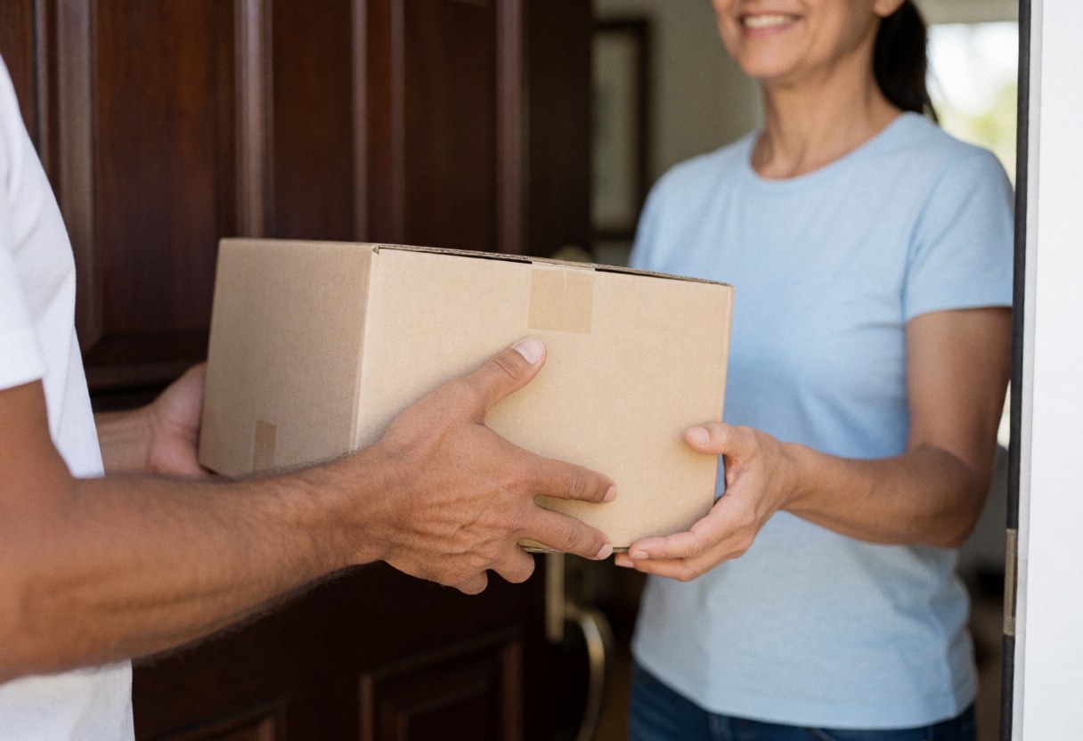 Un livreur remet un colis en carton à une cliente qui le reçoit au seuil de son domicile.