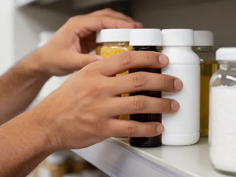 Une main masculine range et organise des flacons de médicaments sur une étagère en pharmacie, assurant l'ordre du stock.