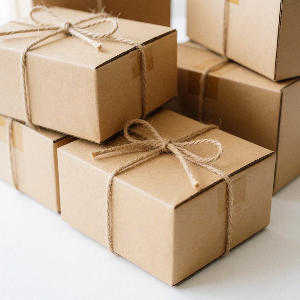 Des cartons marron attachés avec du fil de jute, prêts pour l'expédition de produits.