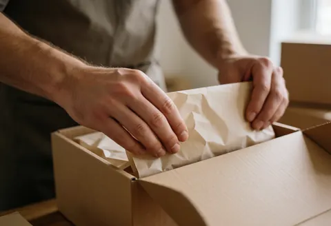 Des mains placent du papier kraft à l'intérieur d'une boîte en carton pour préparer l'expédition d'un produit.