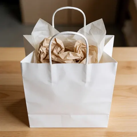 Sac à papier blanc posé sur une table en bois, contenant du papier kraft froissé, idéal pour l'emballage de produits ou cadeaux.