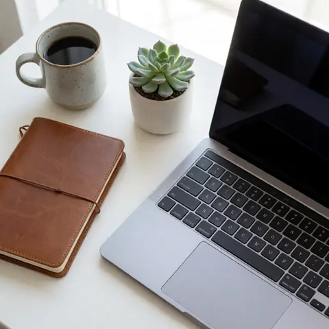 Vue de dessus d'un bureau blanc équipé d'un ordinateur portable, d'une tasse de café, d'un carnet et d'une plante succulente.
