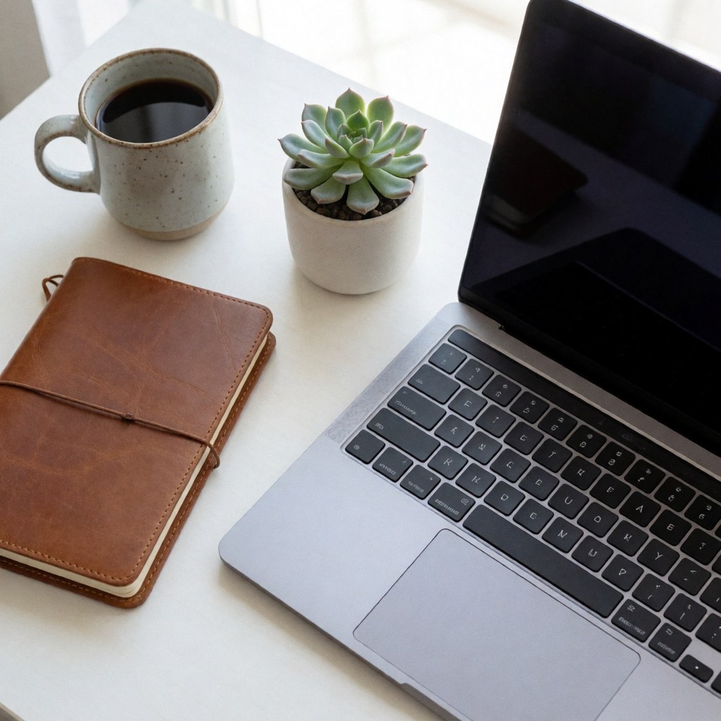 Vue de dessus d'un bureau blanc équipé d'un ordinateur portable, d'une tasse de café, d'un carnet et d'une plante succulente.