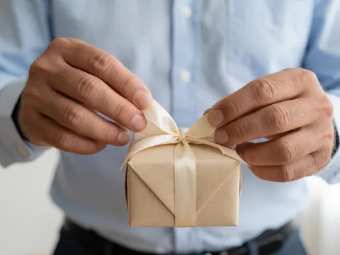 Une main enveloppe soigneusement un cadeau avec un ruban beige, mettant en valeur l'attention portée aux détails de l'emballage.