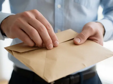 Gros plan d'une main en train de sceller une enveloppe en papier kraft, illustrant la préparation d'un colis pour l'expédition.