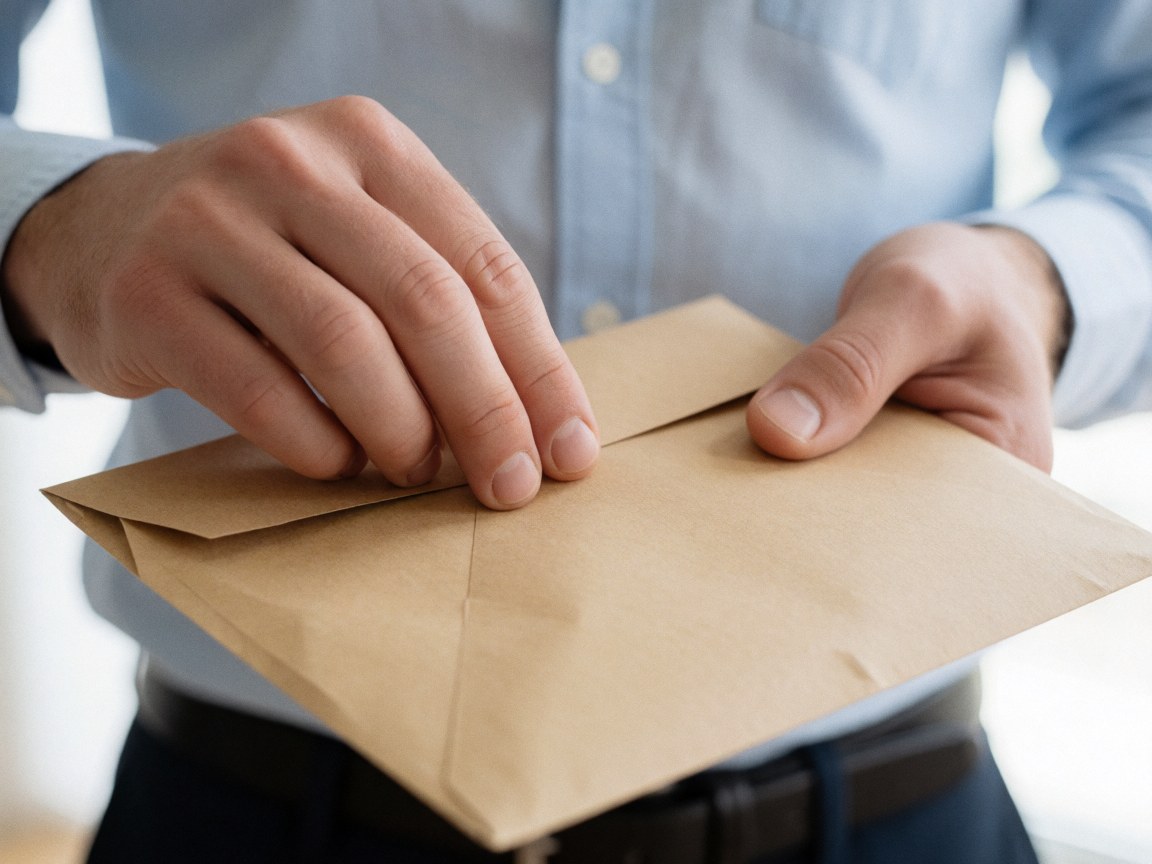 Gros plan d'une main en train de sceller une enveloppe en papier kraft, illustrant la préparation d'un colis pour l'expédition.