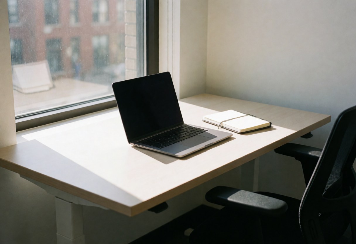 Bureau en bois avec ordinateur portable et cahier ouvert près d'une fenêtre laissant entrer la lumière naturelle.