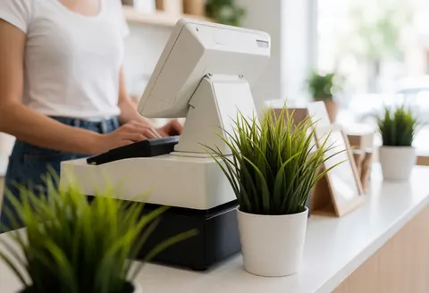 Une caisse enregistreuse blanche sur un bureau d'accueil avec des plantes vertes dans des pots blancs.