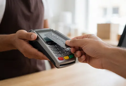 Un client insère sa carte dans un terminal de paiement pendant qu'un employé tient l'appareil sur le comptoir.