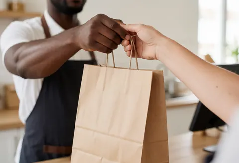 Un employé en magasin tend un sac en papier à un client qui l'attrape avec la main, illustrant le service client et la vente.