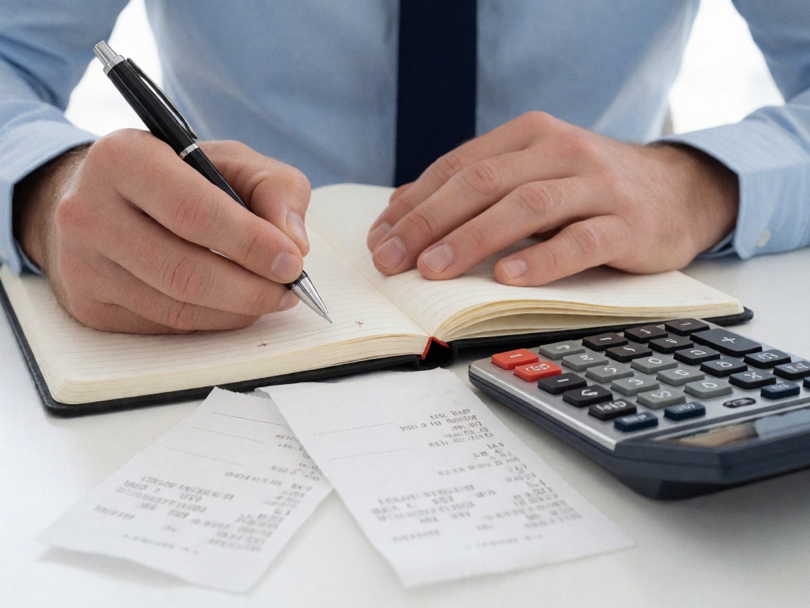 Un homme en chemise et cravate écrit dans un carnet avec un stylo, accompagné d'une calculatrice et de reçus sur une table blanche.