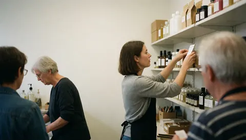 Vue de quatre individus en train de travailler dans une boutique avec des étagères, examinant des produits et accueillant des clients.