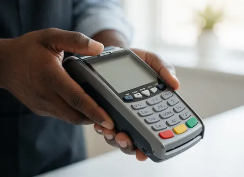 Une main tient un terminal de paiement pour traiter une transaction dans un magasin.
