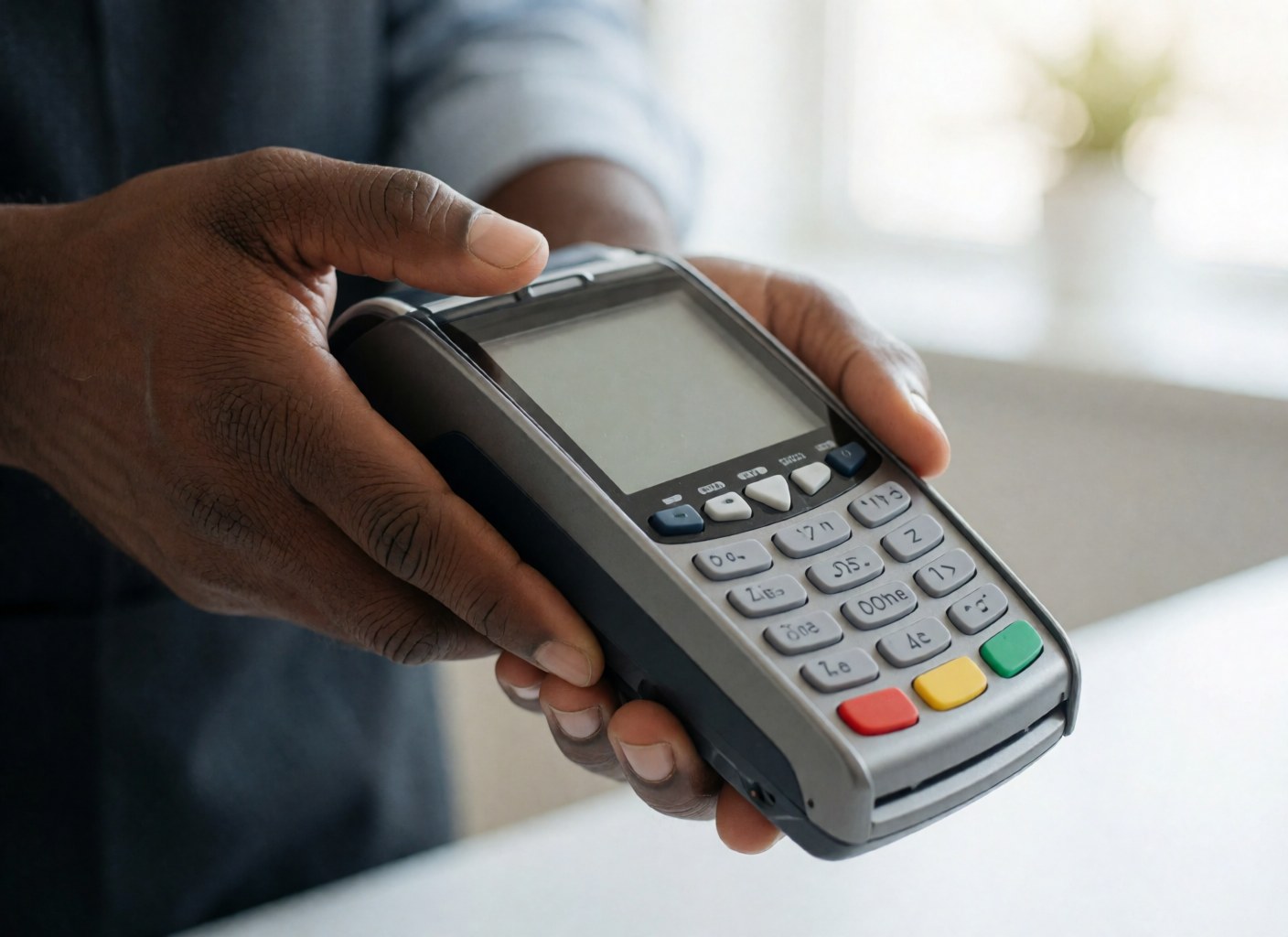 Une main tient un terminal de paiement pour traiter une transaction dans un magasin.