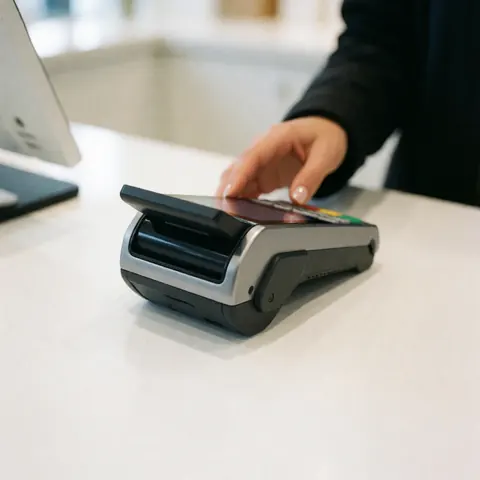 Une main pose une carte bancaire sur un terminal de paiement posé sur une table blanche à côté d'un ordinateur.