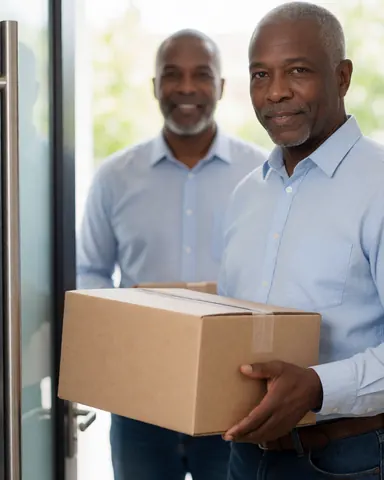 Un homme tient une caisse tout en souriant vers l'objectif lors d'une livraison à domicile.
