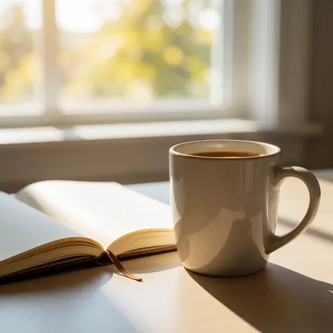 Une tasse de café fumante posée à côté d'un carnet ouvert sur une table en bois, baignée par la lumière naturelle entrant par une fenêtre.