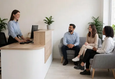Une réceptionniste souriante accueille trois visiteurs assis dans une zone d'attente verdoyante.