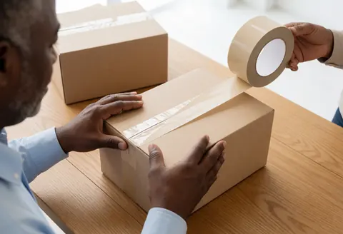 Une main ferme un carton sur une table en bois à l'aide d'un ruban adhésif transparent pour préparer un envoi.