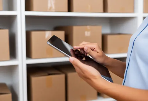 Une femme adulte utilisant une tablette pour contrôler les stocks dans un entrepôt rempli de rayons et de cartons empilés.