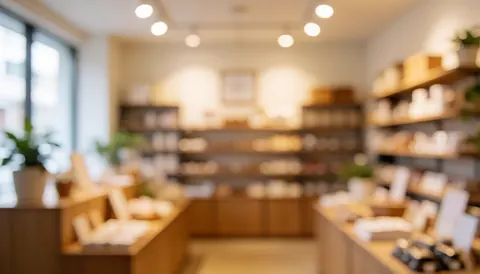 Vue intérieure d'un commerce accueillant comportant des étagères en bois, des produits exposés et des plantes décoratives sous un éclairage doux.