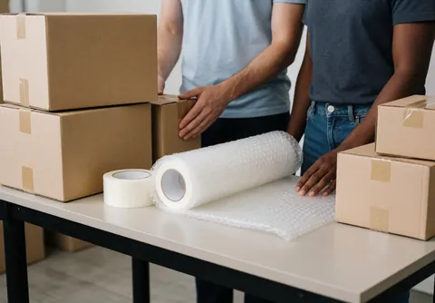 Deux individus enveloppent des cartons avec du ruban adhésif et du papier bulle sur une table de travail.
