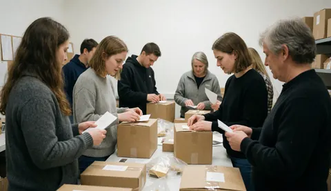 Des collaborateurs apposent des étiquettes sur des cartons pour l'expédition dans un espace de travail.