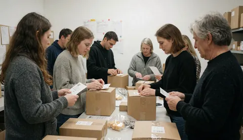 Des collaborateurs apposent des étiquettes sur des cartons pour l'expédition dans un espace de travail.