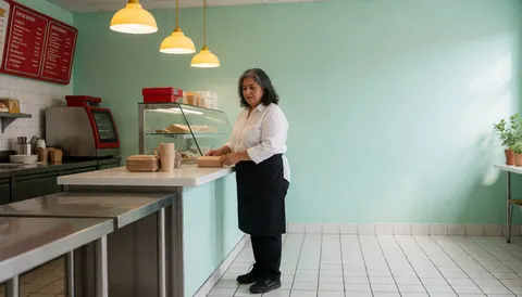 Une serveuse adulte se tient derrière le comptoir d'un restaurant de restauration rapide, tenant plusieurs boîtes d'emballage pour les clients.