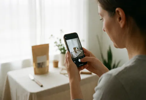 Une femme prend en photo un produit sur une table, avec un ordinateur et une plante en arrière-plan, dans un environnement bien éclairé.