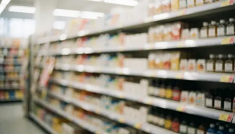 Vue floue d'une allée de supermarché intérieur avec des étagères chargées de produits et des étiquettes jaunes visibles en arrière-plan pour fond de texte.