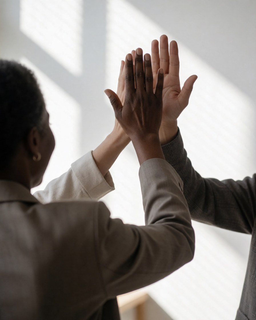 Deux professionnels en bureau échangent un high five pour célébrer un succès ou un accord de travail.