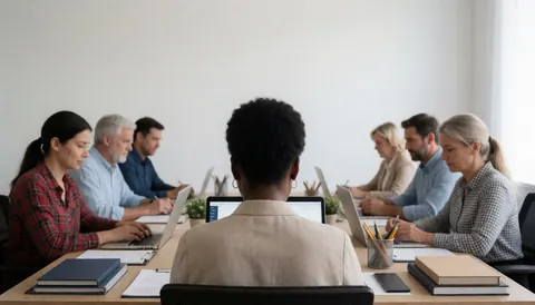 Groupe de professionnels travaillant ensemble lors d'une réunion en bureau avec ordinateurs portables et papiers sur une longue table.