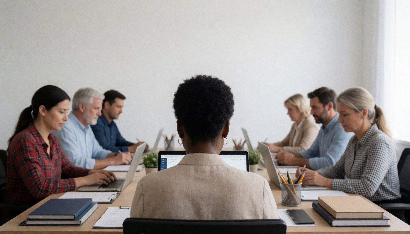 Groupe de professionnels travaillant ensemble lors d'une réunion en bureau avec ordinateurs portables et papiers sur une longue table.