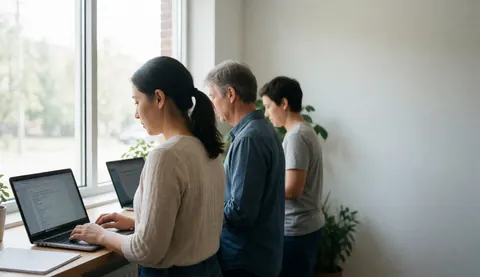 Trois personnes travaillant avec des ordinateurs portables sur une table près d'une fenêtre baignée de lumière naturelle.