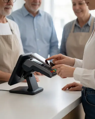 Une cliente effectue un paiement mobile au comptoir d'un magasin tandis qu'une vendeuse l'accueille avec le sourire.