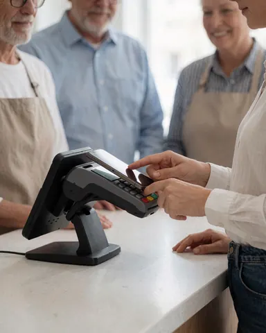 Une cliente effectue un paiement mobile au comptoir d'un magasin tandis qu'une vendeuse l'accueille avec le sourire.