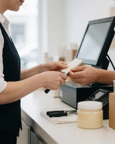 Une vendeuse effectue une transaction en utilisant son smartphone pour recevoir le paiement du client au niveau de la caisse.