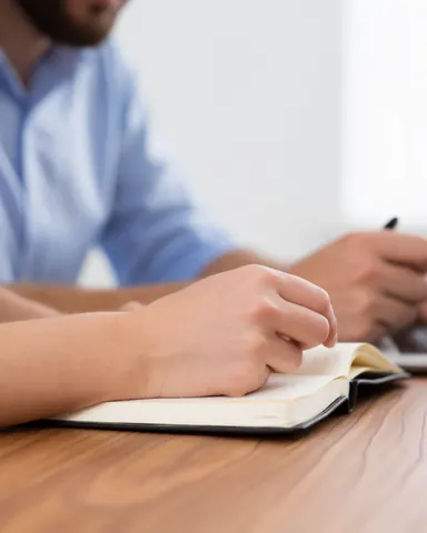 Deux personnes collaborent à une table en bois ; l'une consulte un carnet pendant que l'autre prend des notes avec un stylo.
