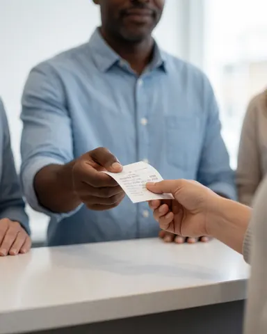 Un client reçoit un reçu de paiement des mains d'un employé derrière un comptoir en magasin.
