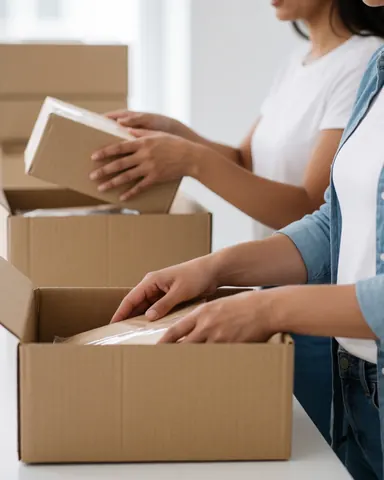 Deux personnes placent des articles dans des cartons sur une table blanche, collaborant efficacement en intérieur.