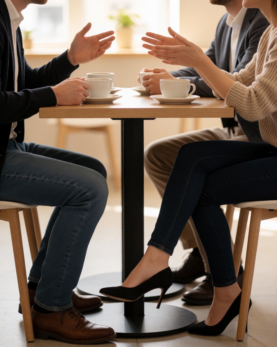 Deux adultes assis à une table en bois avec des tasses de café, échangeant dans un cadre professionnel et moderne.