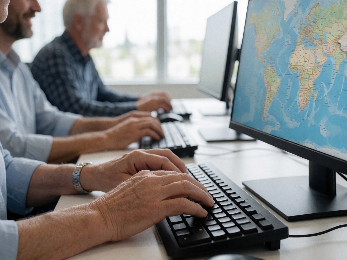 Des mains d'adultes travaillant sur des ordinateurs portables affichant une carte du monde, illustrant le travail à distance et la collaboration.