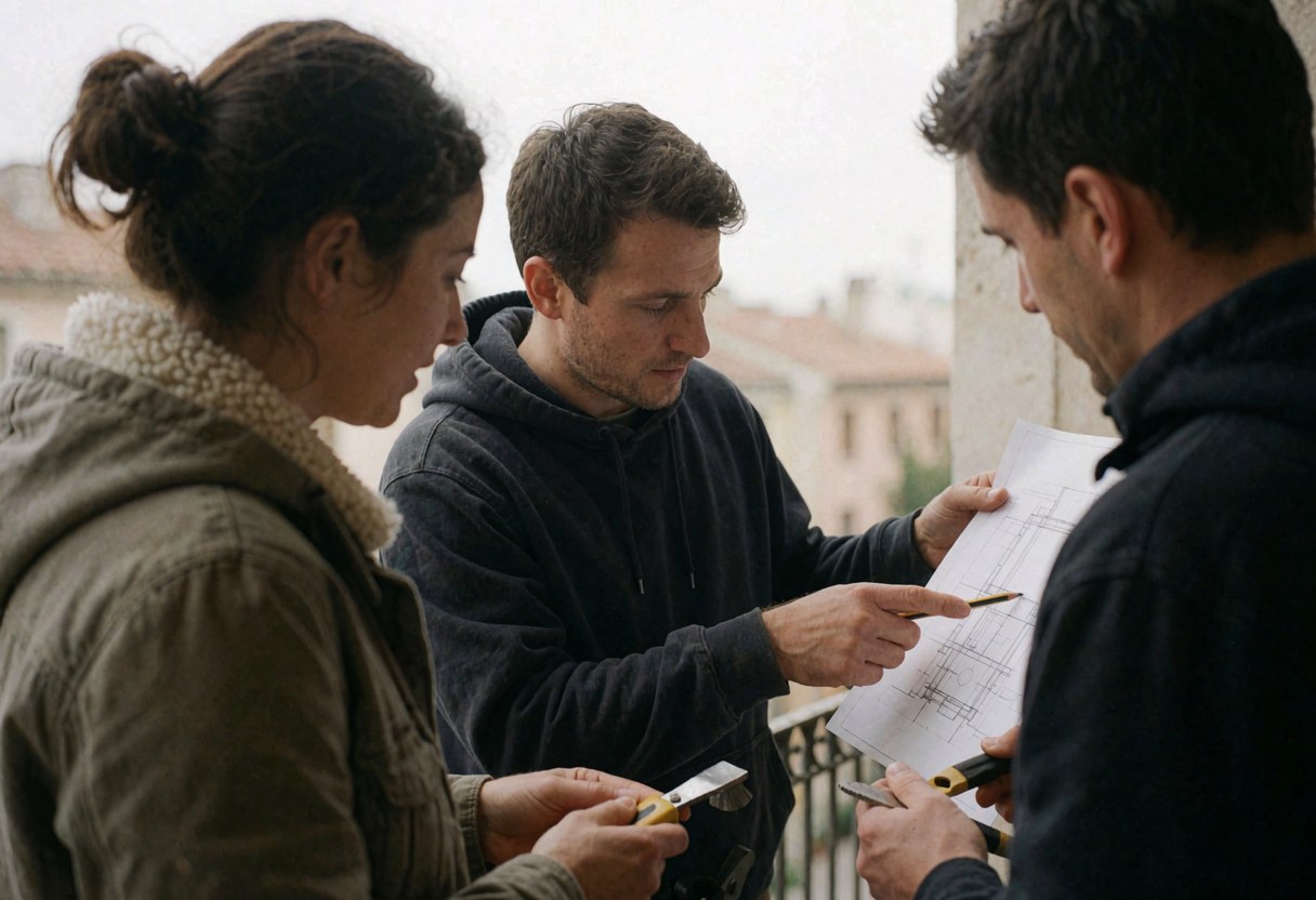 Trois adultes en tenue décontractée consultent un plan de construction sur une terrasse extérieure, l'un pointant avec un crayon, des outils visibles.