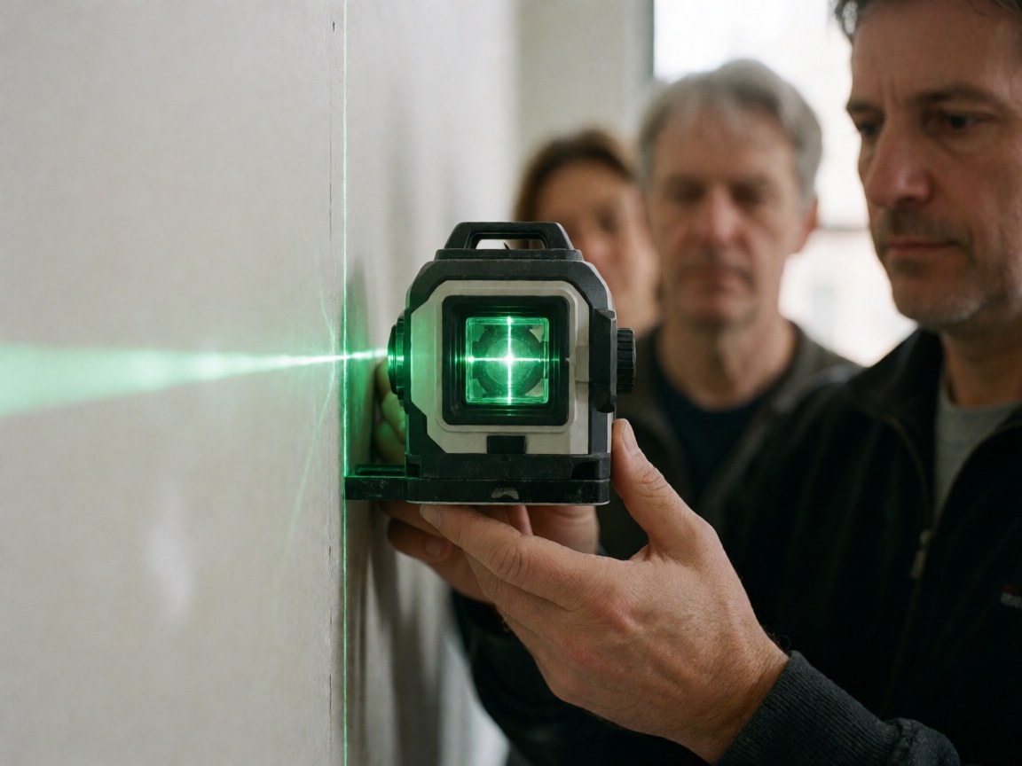 Un homme tient un niveau laser projetant une ligne verte sur un mur blanc pendant que d'autres observent en arrière-plan.